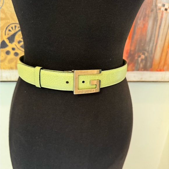 GUCCI Vintage 80’s Italy light green leather belt-Logo “G” silver buckle main image 9